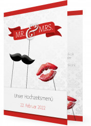 Hochzeitsmenükarte drucken, Kussmund und Bart, rot