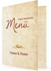 Hochzeitsmenükarten Vorlage, Ringe, rote Schrift