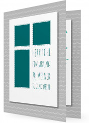 Jugendweihe Einladung, graue Wellen, dunkel türkise Kästchen