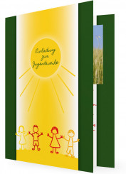 Jugendweihe Einladung Vorlagen, Sonne mit Kinder, grüne Karte