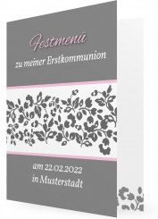 Karten für Menü, Blumenmuster grau, rosa Rahmen