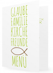 Karten Menü Vorlage, große Schrift in grün, brauner Fisch