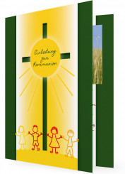 Kartenvorlage Einladungskarte Kommunion, Sonne mit Kinder, grüne Karte