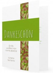 Kommunion Dankeskarte, grüner Balken, braune Ornamente