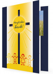 Kommunion Dankeskarte, Sonne mit Kinder, blaue Karte