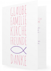 Kommunion Dankkarten, große Schrift in rosa, lila Fisch