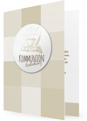 Kommunion Einladung, kirchliche Symbole und Braune Quadrate
