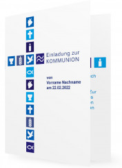 Kommunion Einladung Vorlage, Kreuz aus Quadraten mit christlichen Symbolen in blau