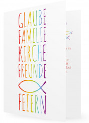 Kommunion Einladungskarte Vorlage, große Schrift und Fisch in bunt