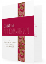 Kommunion Einladungskarten Vorlage, roter Balken, braune Ornamente