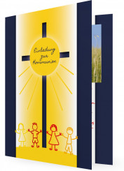 Kommunioneinladung, Sonne mit Kinder, blaue Karte