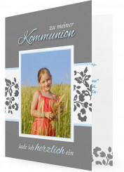 Kommunioneinladung Vorlage, Blumenmuster grau, blauer Rahmen