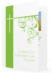 Konfirmation Einladungskarte Vorlagen, Hellgrüne Karte und weißes Kreuz mit Pflanzen