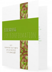 Konfirmation Einladungskarten, limettengrüner Balken, braune Ornamente