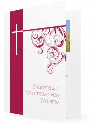 Konfirmation Einladungskarten, Rosa mit Kreuz und rankenden Pflanzen