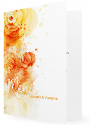 Menü Karte Hochzeit Vorlage, Kleckse und Rosen, Orange/Weiß
