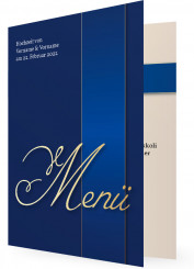 Menükarte Hochzeit, Goldene Schrift auf Blauer Karte