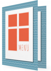 Menükarten Vorlage, blaue Wellen, orange Kästchen