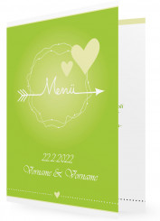 Menükarten Vorlage Hochzeit, Pfeil und Herzchen, grün