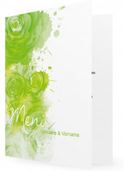 Menükarten zur Hochzeit, weiße Schrift auf Grünen Klecksen