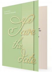 Save-the-date, Geschwungene Schrift in gold, hellgrüne Karte