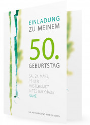 Schöne Einladungskarte zum 50. Geburtstag, Grüne Schrift und Luftschlangen