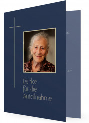 Trauerdankeskarten Vorlagen, blau mit schlichtem Kreuz und Foto