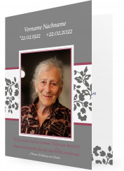 Trauerdanksagungen, graue Karte mit Foto und Spruch, umrahmt in beere