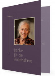 Trauerkarte Vorlage gestalten, lila mit schlichtem Kreuz und Foto