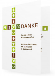 Vorlage Danksagung Kommunion, Kreuz aus Quadraten mit christlichen Symbolen in grün/braun