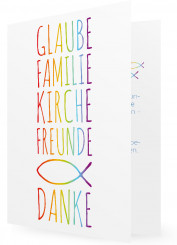 Vorlage Danksagungskarten Kommunion, große Schrift in bunt, bunter Fisch