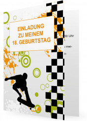 Vorlage Einladung 18. Geburtstag, Schwarzes Karo-Muster mit Skateboarder, Orange-Grüne Muster