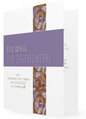 Vorlage Einladungskarte Jugendweihe, lila Balken, braune Ornamente