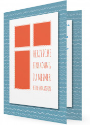 Vorlage Einladungskarten zur Konfirmation, blaue Wellen, orange Kästchen