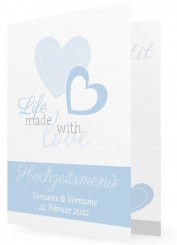 Vorlage für Hochzeitsmenükarten drucken, Herzen hellblau