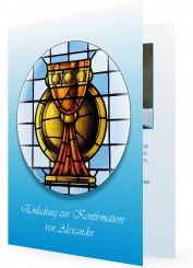 Vorlage für Konfirmations-Einladungen, Blaue Karte mit Gral im Mittelpunkt