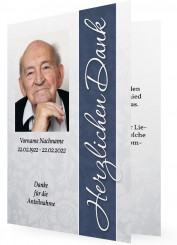 Vorlage Trauer Danksagungskarte, dunkelblauer Balken, Florale im Hintergrund