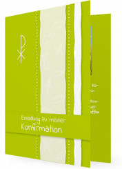 Vorlagen Einladungskarten zur Konfirmation, grüne Karte mit Symbolen in Streifen