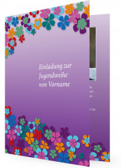 Vorlagen für Jugendweihe Einladung, Lila Hintergrund mit Blumen in Bunt