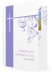 Vorlagen Kommunioneinladung, Lila und Kreuz mit Pflanzenranken